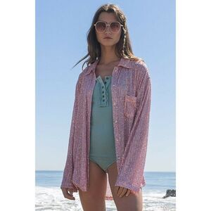 POL CLOTHING ROSE PINK SEQUIN BUTTON UP SHIRT BEACH COVER UP SPARKLY CUTE NEW